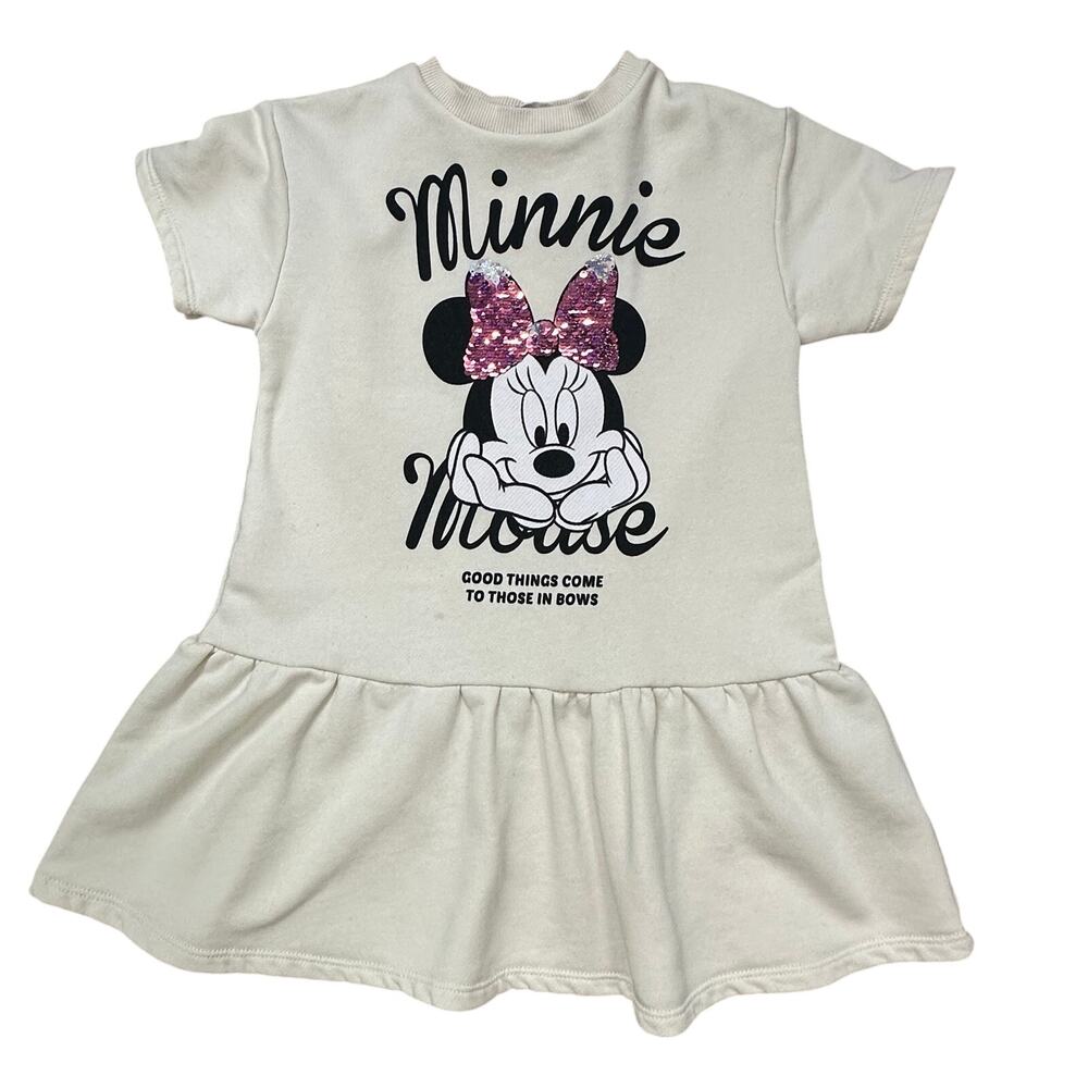 Zara x Disney Minnie Mouse Pink Sequin Ruffle T-shirt Dress Cream Girls' Size 7